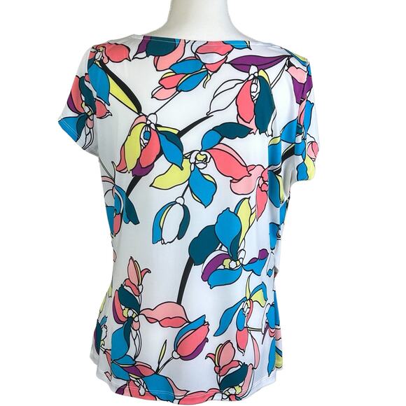 Worthington Top Women Large White Blue Yellow Floral Cowl Neck Draped Stretch - Picture 2 of 10